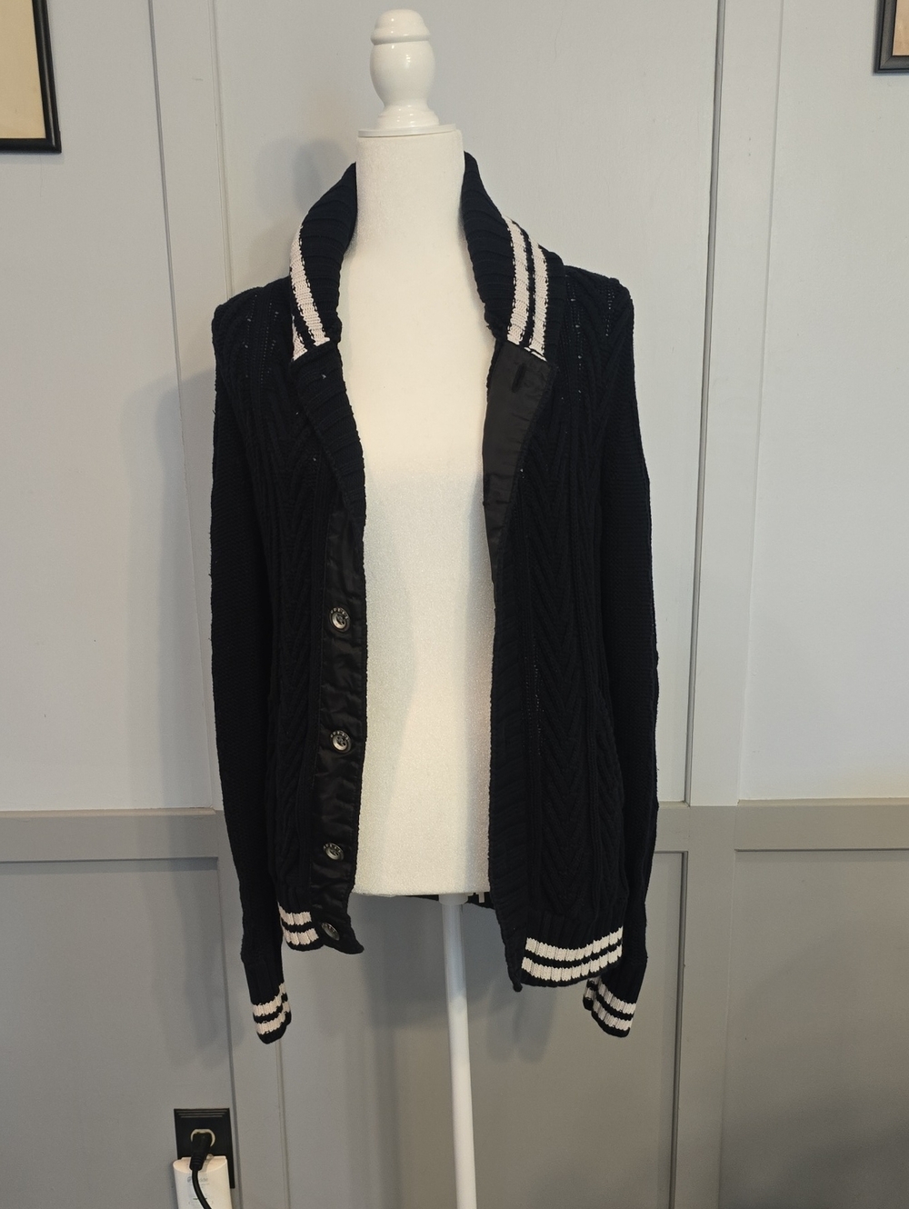 Guess Black Knit Varsity Cardigan with White Stripe Accents